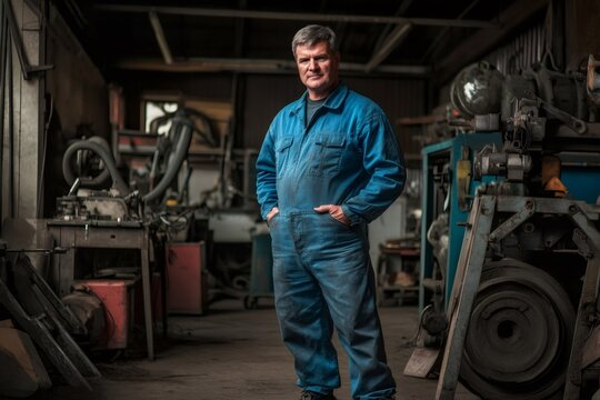 Portrait of a senior caucasian male mechanic standing with hands in pockets in a cluttered workshop