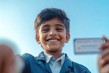 A smiling Indian student in a dark blue uniform holds a blurred Aadhaar card against a sky backdrop
