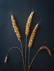 A collection of wheat stalks on a textured background, showcasing the grains and natural colors.