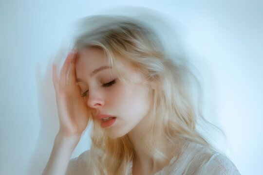 A young blonde woman looks dizzy holding her head against a light backdrop experiencing symptoms like fatigue and headaches