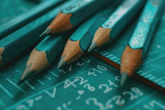 Collection of sharpened pencils on a classroom table.