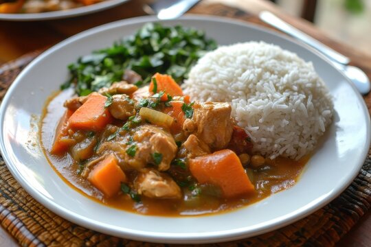 African peanut chicken stew with sweet potatoes and basmati rice