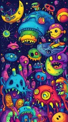 Fototapeta premium Vibrant, whimsical alien creatures in a colorful cosmic setting.