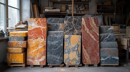 Polished Marble Slabs Stacked In A Workshop