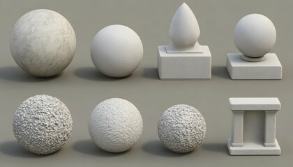 Collection of textured spheres and architectural elements; 3D render of smooth and rough stone materials; ideal for design, architecture, or game development projects.