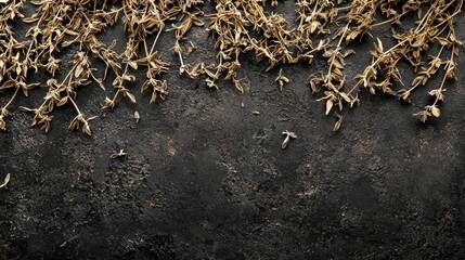 Dried thyme sprigs on dark textured background.