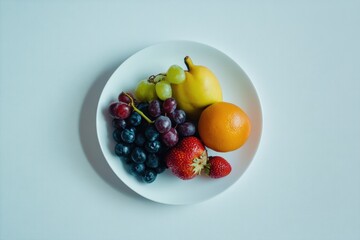 Assorted fruits on a white dish against a white backdrop nutritious cuisine