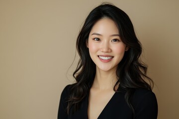 Fototapeta premium Attractive Asian model with flawless skin smiles against a beige backdrop Portrait of a beauty blogger and makeup artist in a studio setting Focus on skincare