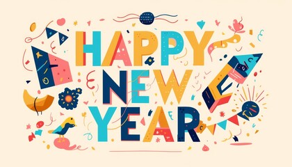 Colorful geometric shapes with confetti and ribbons surrounding the numbers, set against a beige and neutral-colored background with the bold "HAPPY NEW YEAR" title  