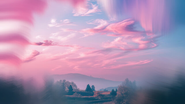 A serene landscape at dusk with soft pink and purple clouds above rolling hills, creating a tranquil atmosphere as nature transitions into night.