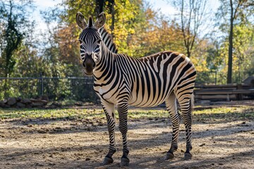 Majestic zebra stallion in savanna against warm sunlight landscape