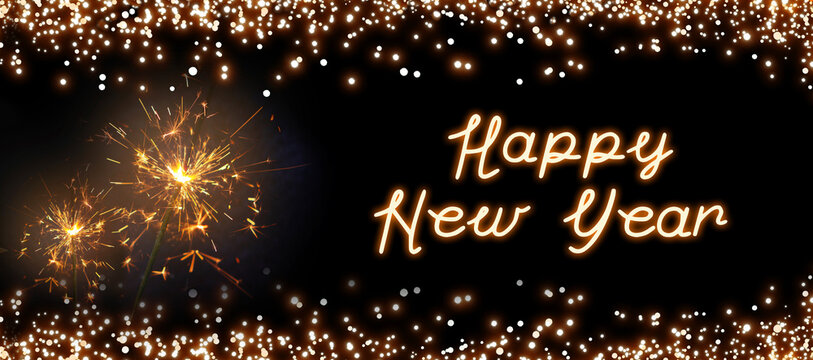 New Year lettering with Bengal lights in the black background.