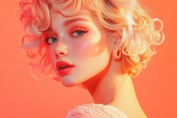 Attractive model with short hair stylish woman with dyed blonde curls Fashion and cosmetics