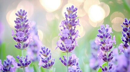 Fototapeta premium Close-up of vibrant purple lavender flowers in a field, illuminated by soft sunlight.