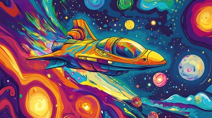 A vibrant spaceship travels through a colorful cosmic landscape filled with planets and stars.