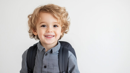 Smiling European young boy with curly hair wearing a backpack, ready for school. Captures a cheerful and confident expression, isolated on a light background. Perfect for education themes