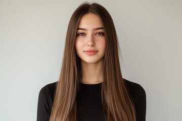 Obraz premium Attractive model with sleek shiny brown hair Keratin treatment and spa care for a polished look Beauty products included