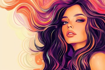 Attractive woman with long glossy waves and curly hair