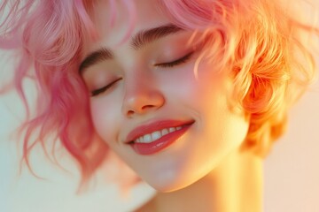 Attractive woman with short wavy hair and closed eyes showcasing beauty fashion and makeup