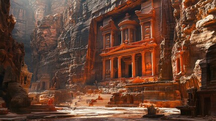 Majestic Petra Treasury, ancient sandstone facade in Jordan's canyon.