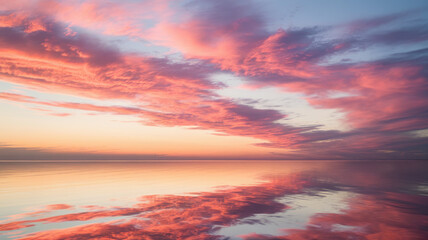 Fototapeta premium A serene sunset over calm waters, showcasing vibrant pink and orange hues reflecting in the smooth surface, creating a peaceful and enchanting atmosphere.
