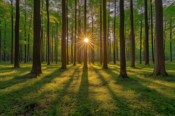 Obraz premium Sunbeams through a lush green forest, creating a magical atmosphere.