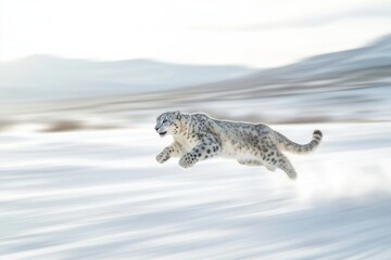Fototapeta premium Snow leopard leaping in soft sunlight on snowy field