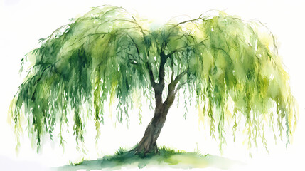 A watercolor painting of a weeping willow tree with long green branches and leaves. Willow. Illustration