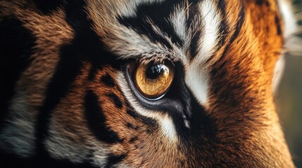 Close-up of a tiger's eye, showing its amber color and striped fur.