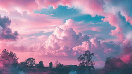 A breathtaking sunset sky filled with vibrant pink and blue hues, framed by fluffy clouds and silhouetted trees, creating a serene and enchanting atmosphere.