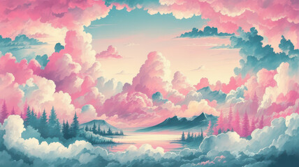 A stunning landscape of ethereal pink and blue clouds framing a tranquil lake at dusk, surrounded by misty mountains and evergreen trees.