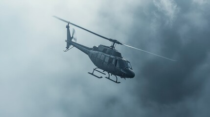 Helicopter in Soft Light Over Ocean with Cloud Formations