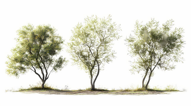 Autumn salix caroliniana frontal set of large trees isolated png on a transparent background perfectly cutout (carolina, coastal plain, swamp willow). Willow. Illustration