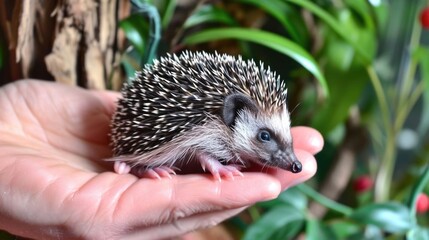 Fototapeta premium Handheld hedgehog on human palm, interaction between person and exotic pet.