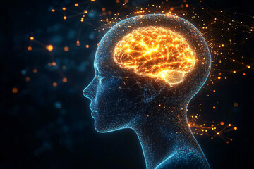 Obraz premium A futuristic humanoid silhouette with glowing neural connections and a vibrant brain, ideal for tech-related promotions, mindfulness events, or futuristic themes.