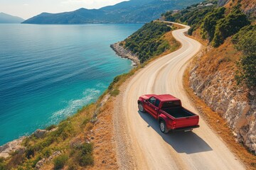 Bird s eye view of a truck driving along a coastal curve on Cephalonia Greece Concept of travel and nature