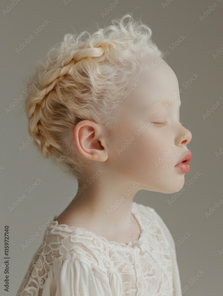 Sticker Young blonde child with a lace top and braided hair. The child is looking away from the camera