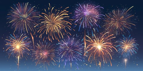 Fototapeta premium Colorful fireworks blooming in the sky on a simple and clean dark blue background. 