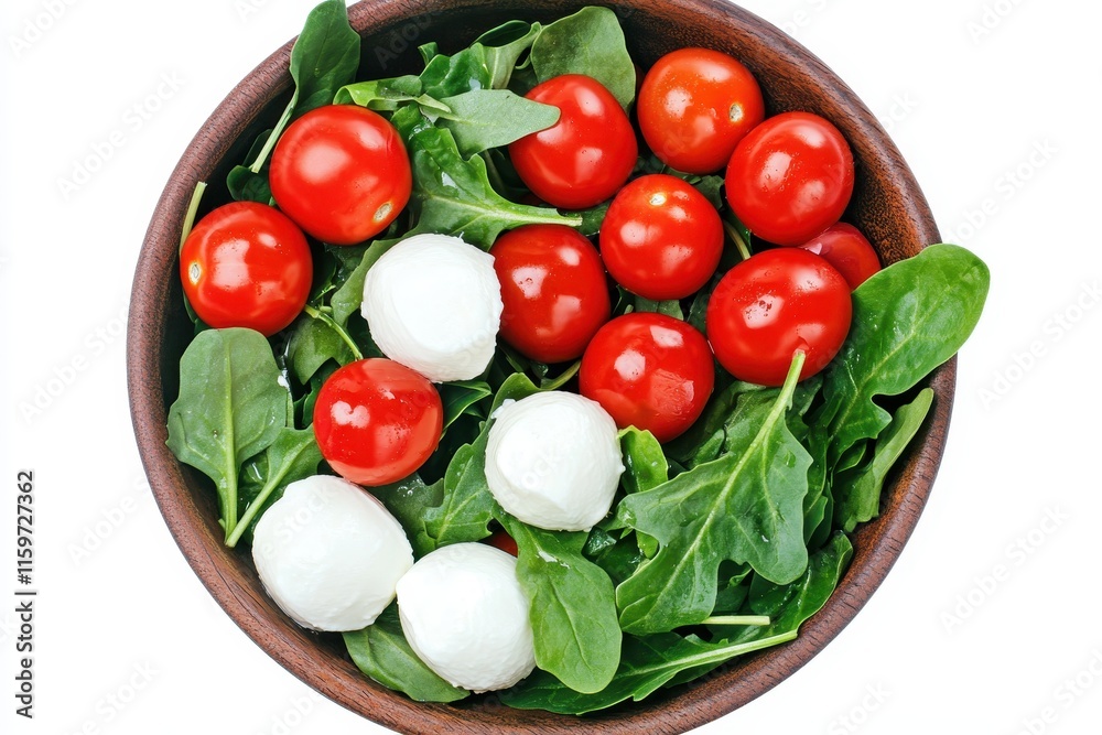 Poster Bowl of arugula spinach chard cherry tomatoes and mozzarella on a white background viewed from above