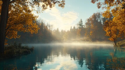 Fototapeta premium Misty autumn morning on a serene lake.