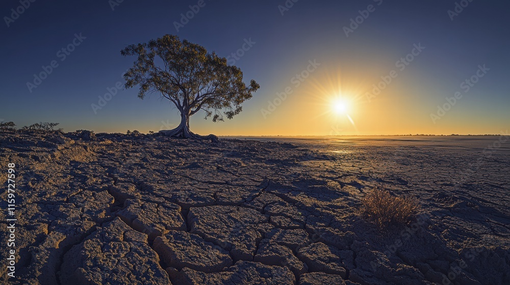 Poster dry lakebed under a blazing sun with a lone tree standing resilient in the harsh landscape during su