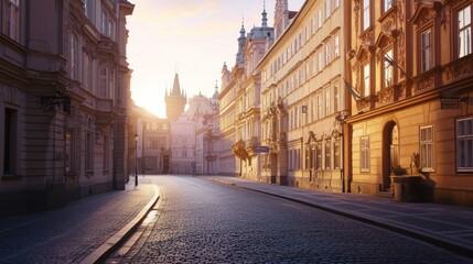 Fototapeta premium Sunrise illuminates cobblestone street with historic buildings.