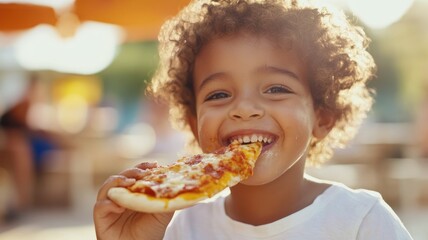 Child with pizza, child admiring pizza, Pizza Day, World pizza Day, child in a fastfood restaurant