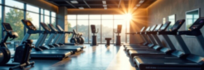 Obraz premium fitness, health, wellness concept. blurred interior of modern gym with various fitness equipment. Sunlight streams through windows, creating bright and inviting atmosphere.