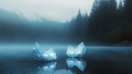 Obraz premium Two luminous ice crystals float on a misty lake, reflecting in the still water, with a dark forest in the background.