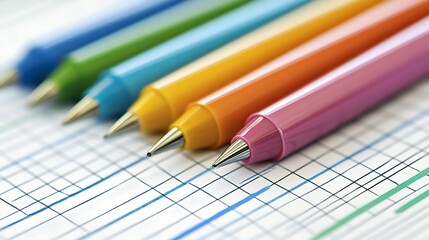 Fototapeta premium Colorful pens arranged on a graph paper.