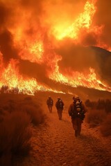 Fototapeta premium Wildfires rage fiercely as brave firefighters battle flames under a smoky sky in a desperate attempt to control the disaster