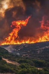 Wildfires unleash devastating flames across mountainous terrain, highlighting the uncontrollable spread of fire and heat in the affected region