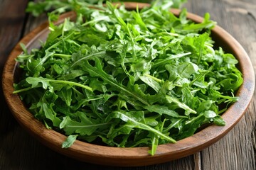 Close up of a healthy mixed greens salad on a dark wooden surface