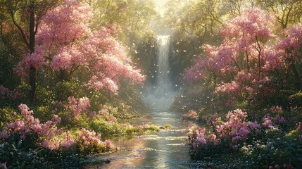 Fototapeta premium A serene waterfall surrounded by blooming pink flowers in a tranquil forest setting.